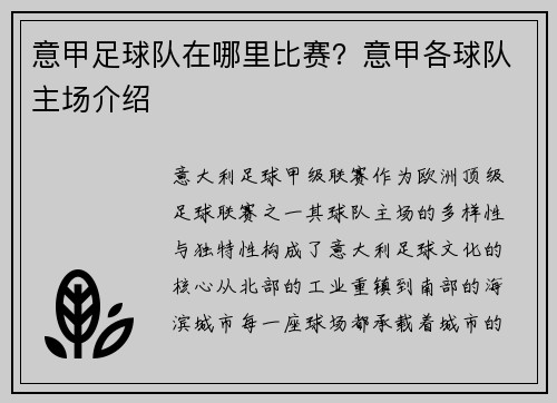 意甲足球队在哪里比赛？意甲各球队主场介绍
