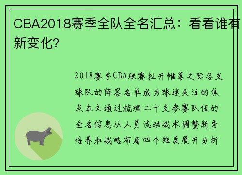 CBA2018赛季全队全名汇总：看看谁有新变化？