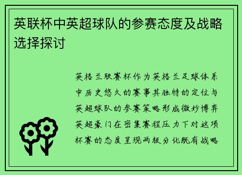 英联杯中英超球队的参赛态度及战略选择探讨
